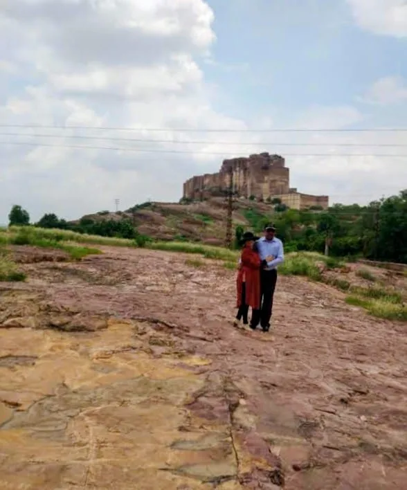 Mehrangarh Fort rising above the rocky landscape near the Blue City of Jodhpur