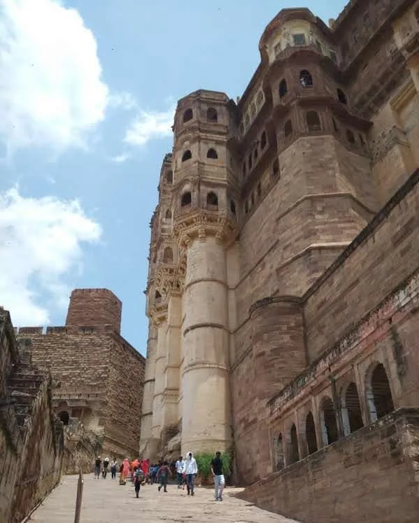 Towering stone gateway and fort walls at Mehrangarh Fort in Jodhpur