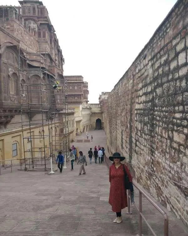Stone passageway and high defensive walls inside Mehrangarh Fort in Jodhpur