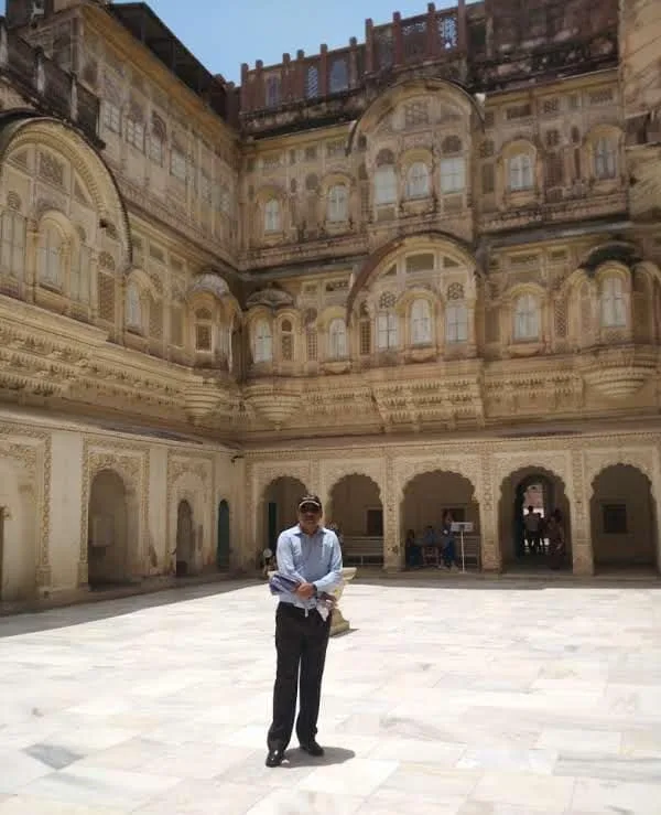 Ornate sandstone palace courtyard inside Mehrangarh Fort in Jodhpur