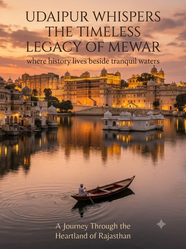 Udaipur Whispers β The Timeless Legacy of Mewar poster depicting Lake Pichola at sunset