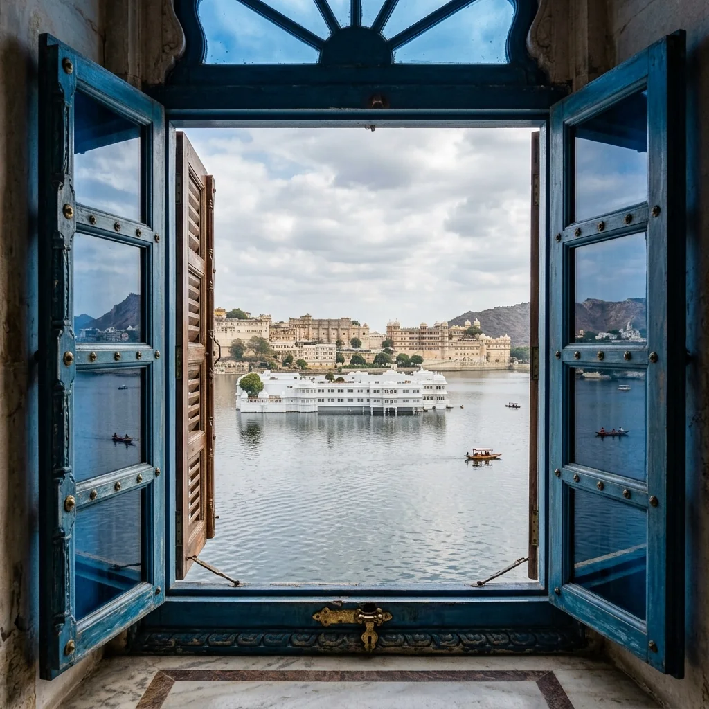 Serene view of Lake Pichola and the floating white Lake Palace framed through a blue-tinted palace window at Udaipur City Palace