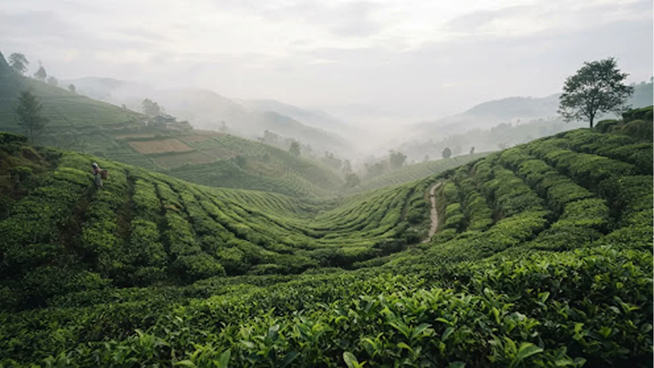 Morning mist drifting above tea estates in the hills of Darjeeling