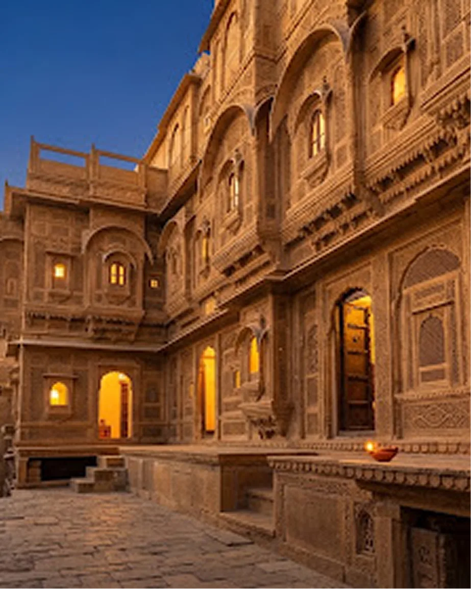 Intricate sandstone courtyard inside a heritage haveli in Jaisalmer