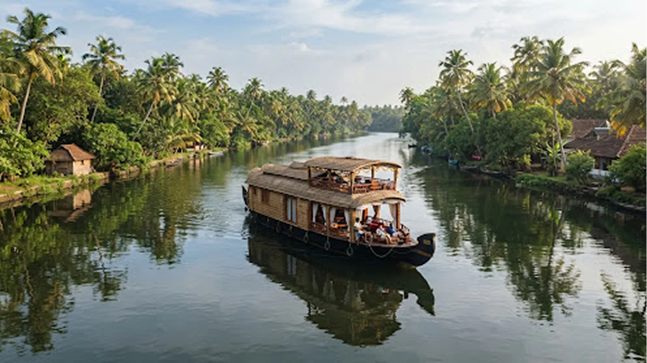 Traditional houseboat gliding through the palm-lined backwaters of Kerala