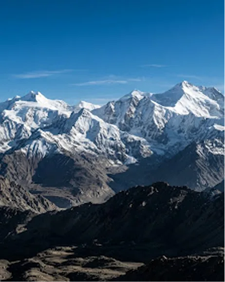 Snow-covered Himalayan peaks rising above the rugged landscape of Ladakh