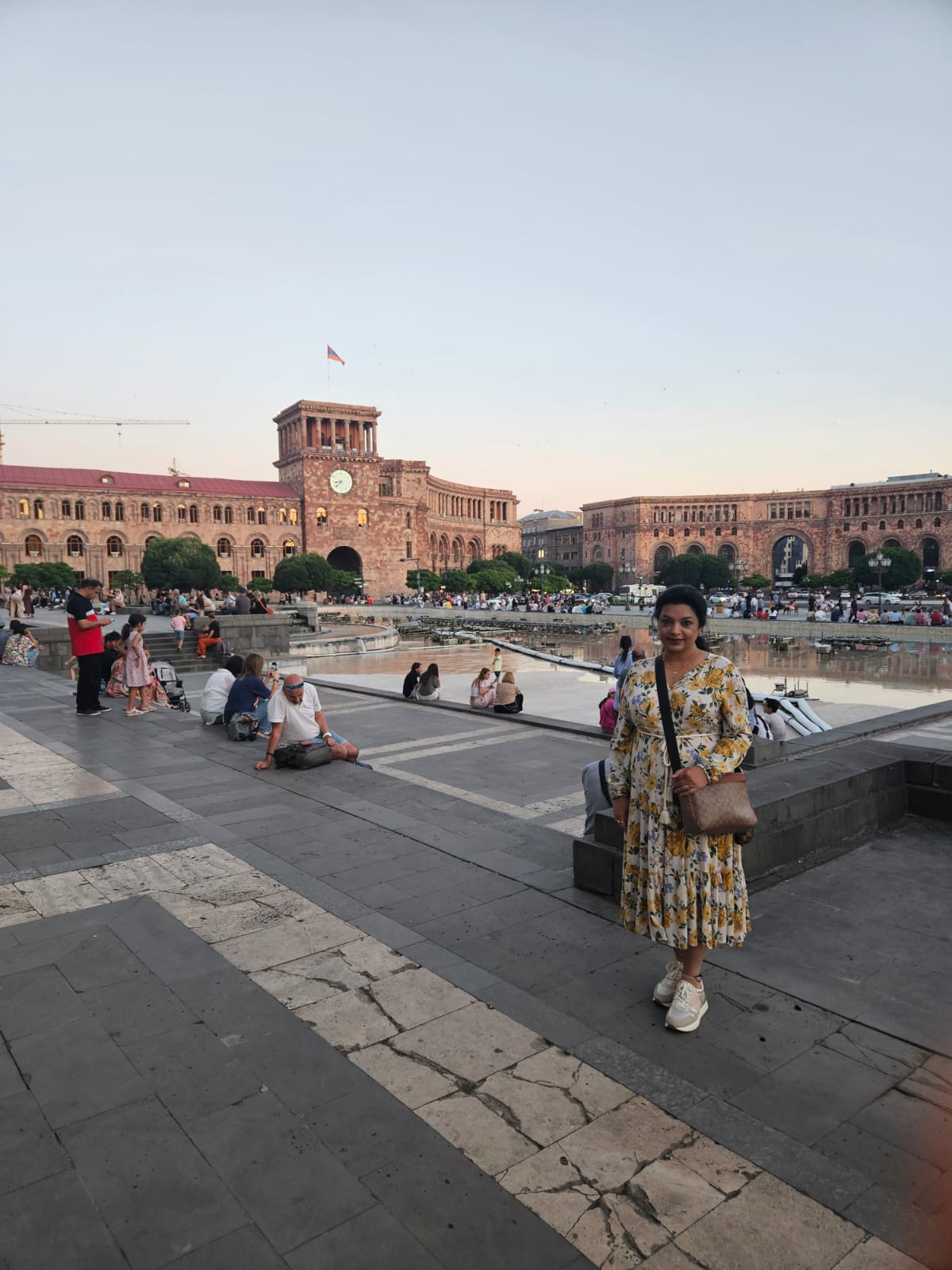Evening crowds gathering at Republic Square in Yerevan